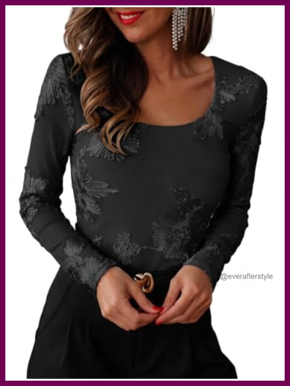 Mesh Long Sleeve Embroidered Floral Blouse Square Neck Slim Fit
